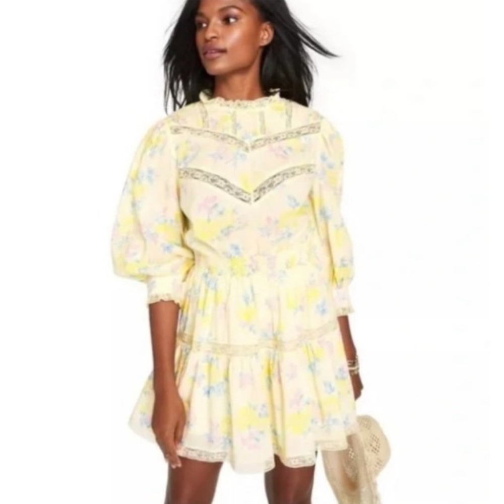 LoveShackFancy Target Yellow Floral Lace Trim Mini Dress Large L Cotton Romantic